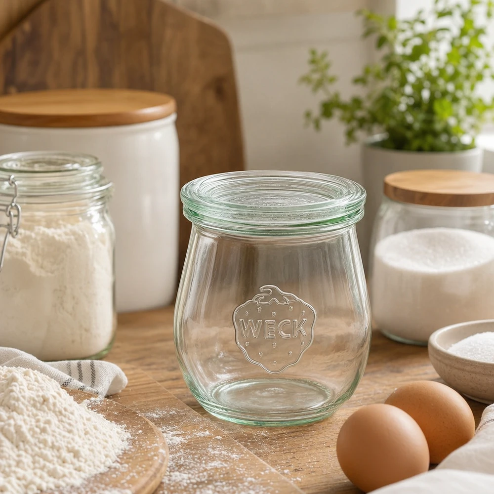 220ml tulipánová sklenice se skleněným víčkem WECK RR60 WECK Tulpenglas 220ml RR60 leer in moderner Küche mit Kochzutaten Eiern Mehl und Küchenausstattung aus Holz