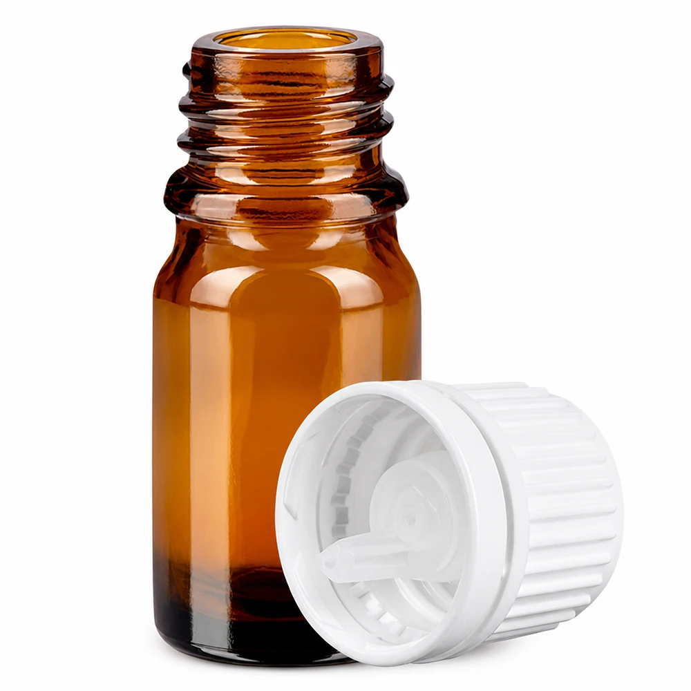 5ml lahvička s kapátkem 0,7 mm bílá s uzávěrem s ochranou proti manipulaci BrownLine UT18/5 Apothekerflasche 5ml braun mit kindersicherem Verschluss für Medikamente und Öle