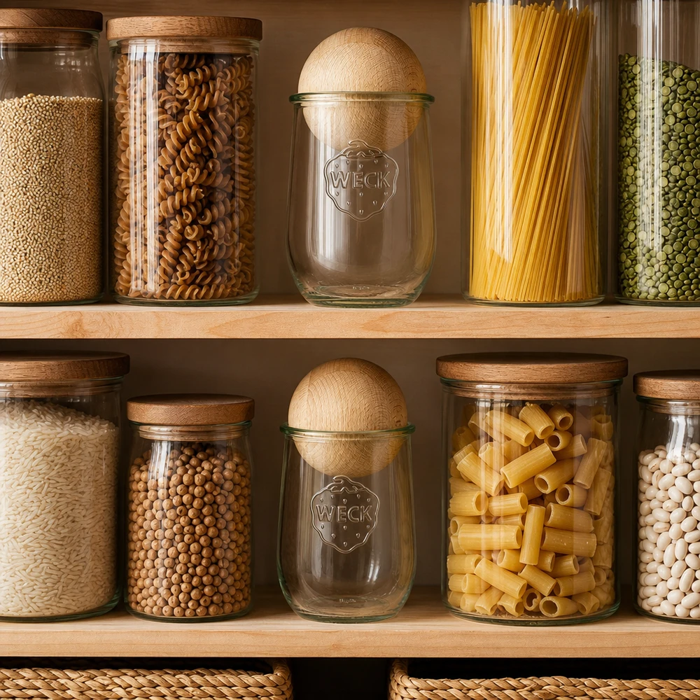1062ml tulipánová sklenice WECK RR100 s dřevěnou kuličkou buk WECK Tulpenglas 1062ml RR100 mit Buchenkugel in organisierter Pantry zwischen Pasta Reis und Hülsenfrüchten