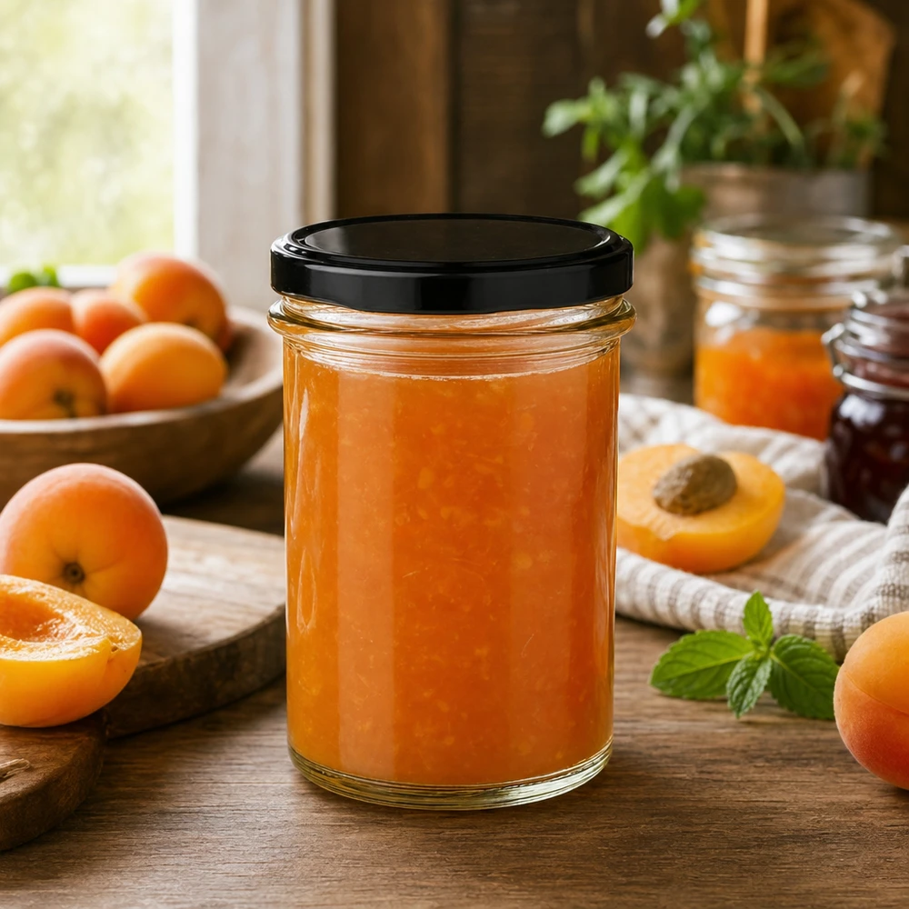 230ml tumblery s víčkem BasicSeal černé UNiTWIST. 230ml Sturzglas BasicSeal schwarz gefüllt mit Aprikosenmarmelade zwischen frischen Aprikosen Küchenszene Konfitüre