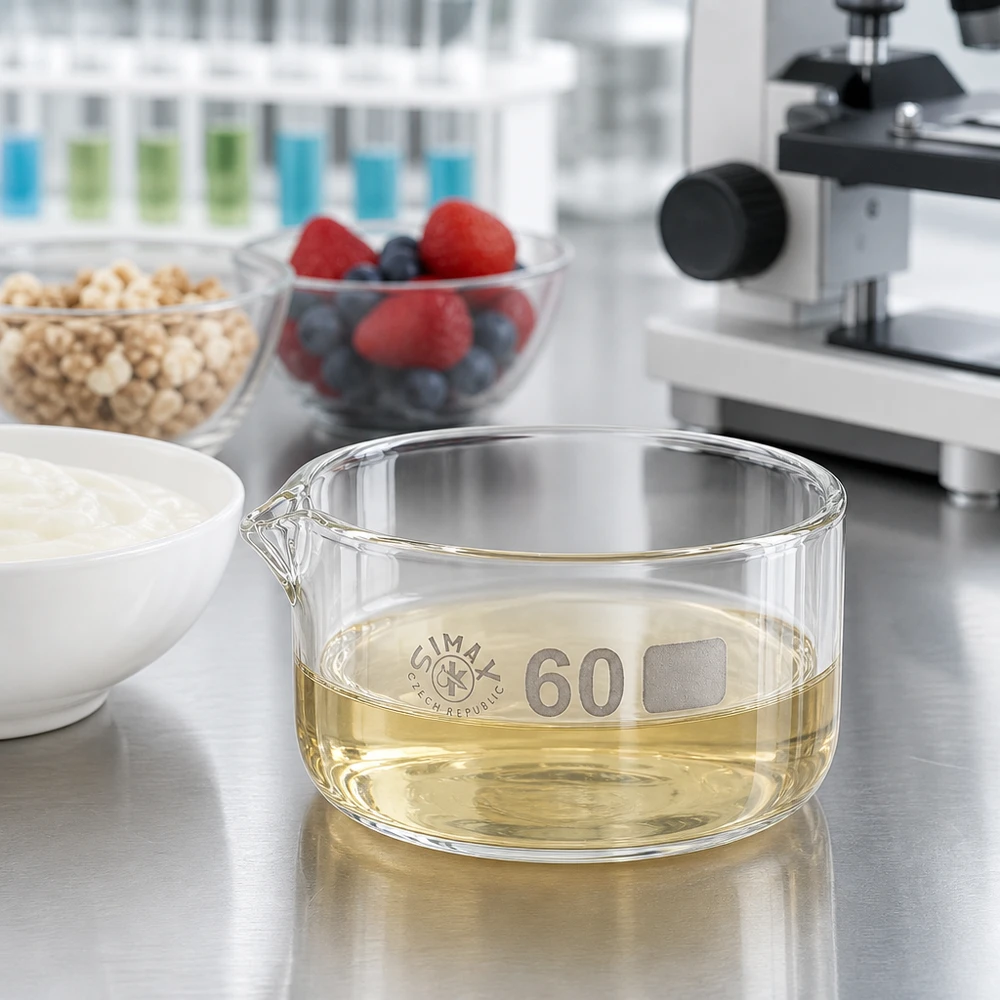 Flache Laborschale 60ml mit Ausguss Öl gefüllt Lebensmittelkontrolle Edelstahloberfläche Glasschale