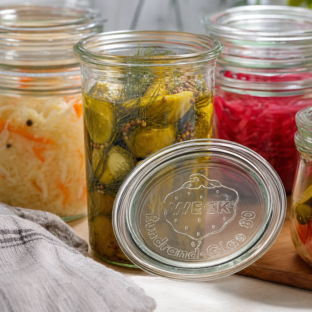 Víko na zavařování WECK RR80 WECK Glasdeckel RR80 im Fokus vor Einmachgläsern mit eingelegten Gurken Sauerkraut und Marmelade auf Holzbrett