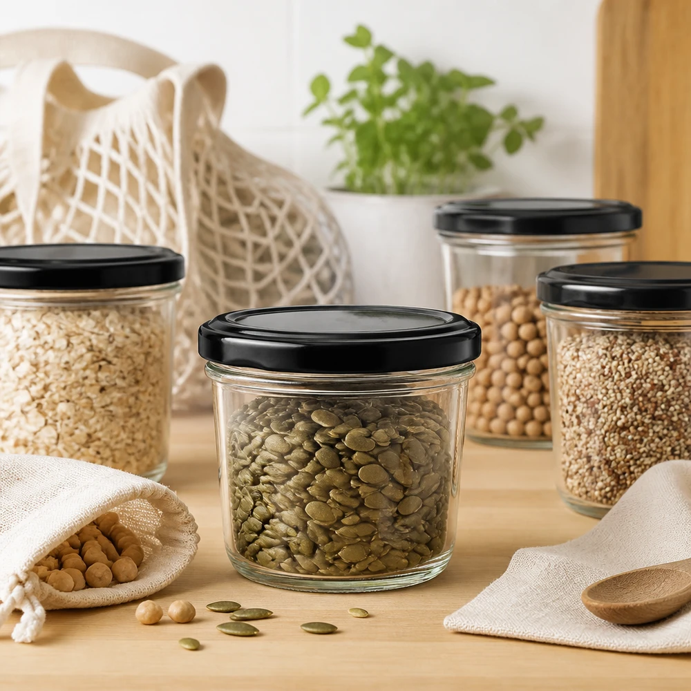 230ml tumblery s víčkem BasicSeal černé UNiTWIST. 230ml Sturzglas mit grünen Linsen in stylischer Küchenszene zeigt moderne Aufbewahrung für Hülsenfrüchte und Vorräte