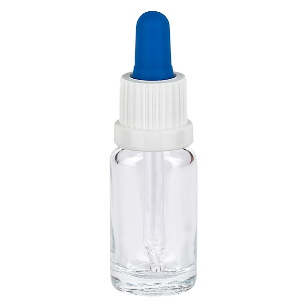10ml pipetovací lahvička bílá/modrý uzávěr s ochranou proti manipulaci ClearLine UT18/10 Pipettenflasche Klarglas 10ml mit blauem Gummisauger und weißem Originalitätsverschluss