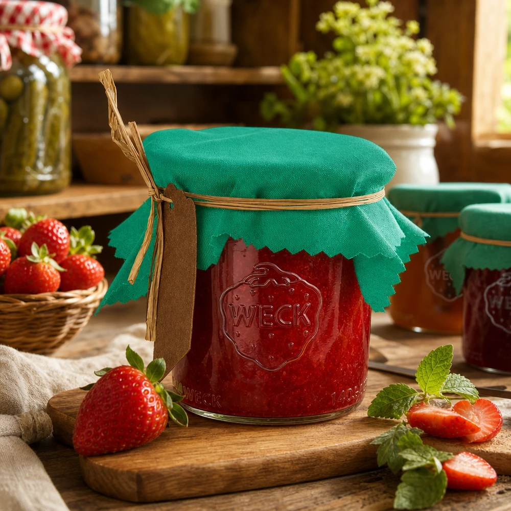 Látkový ubrousek na šperky zelený 12cm čtvercový Grünes Schmuckdeckchen 12cm eckig auf Erdbeermarmelade Weckglas mit Bastschnur und Etikett in rustikaler Küche