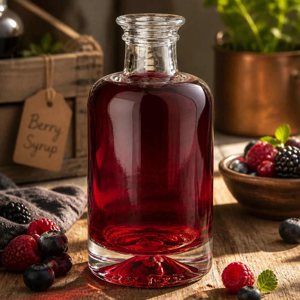 100ml Glasflasche "Sofia" ohne Verschluss UNiTWIST 100ml Glasflasche Sofia mit rotem Beerensaft gefüllt umgeben von frischen Beeren auf rustikalem Holzhintergrund