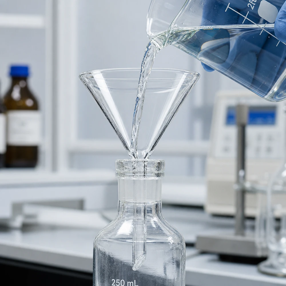 Nálevka ø 75 mm borosilikátová úhlová 60 krátká Vielseitiger Glastrichter 75mm aus temperaturbeständigem Borosilikat für Küche und Wissenschaft