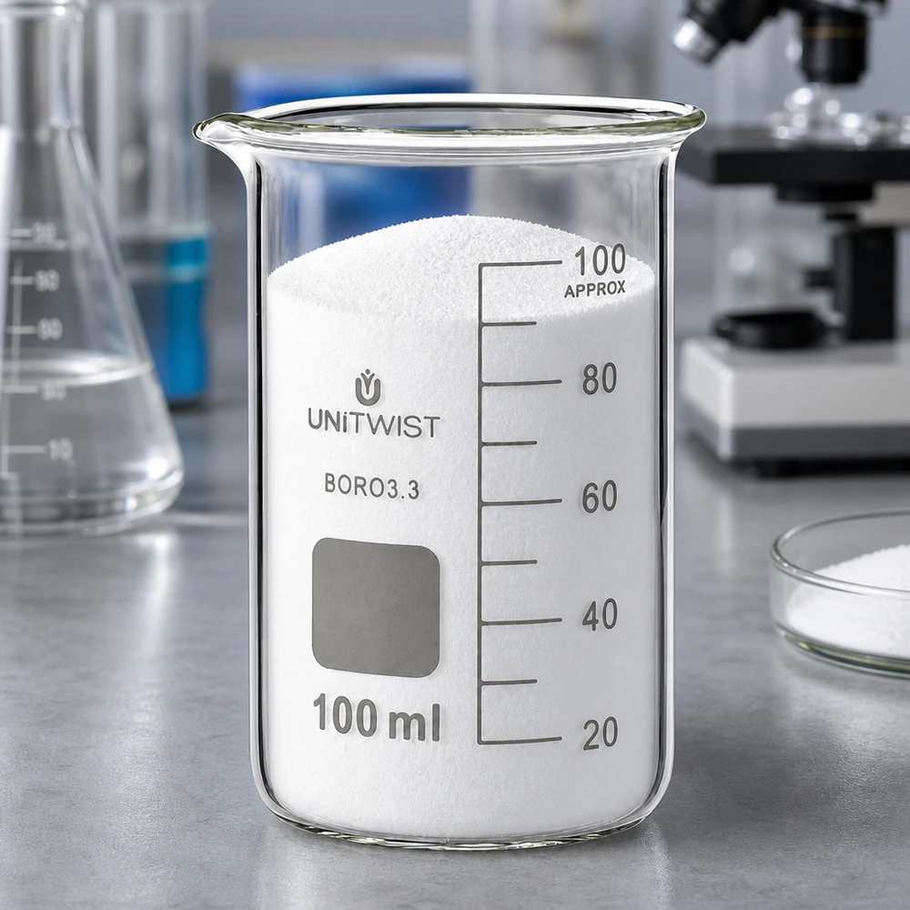 Kádinka 100ml borosilikátová, vysoký tvar UNiTWIST Becherglas hohe Form 100ml Borosilikat UNITWIST zur Aufbewahrung weißer Pulversubstanzen Labor
