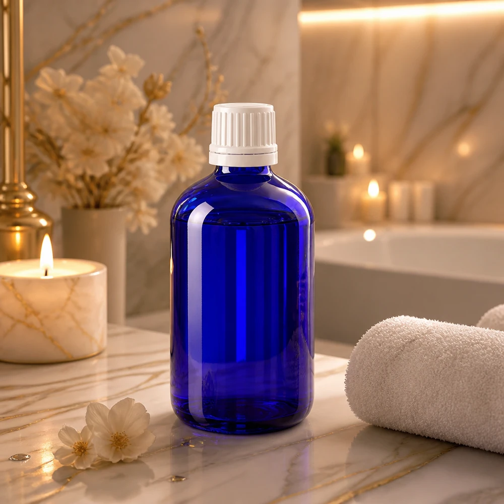 Blaue Tropfflasche 100ml Glas mit weißem Deckel 11mm umgeben von Blüten und Teelichtkerzen
