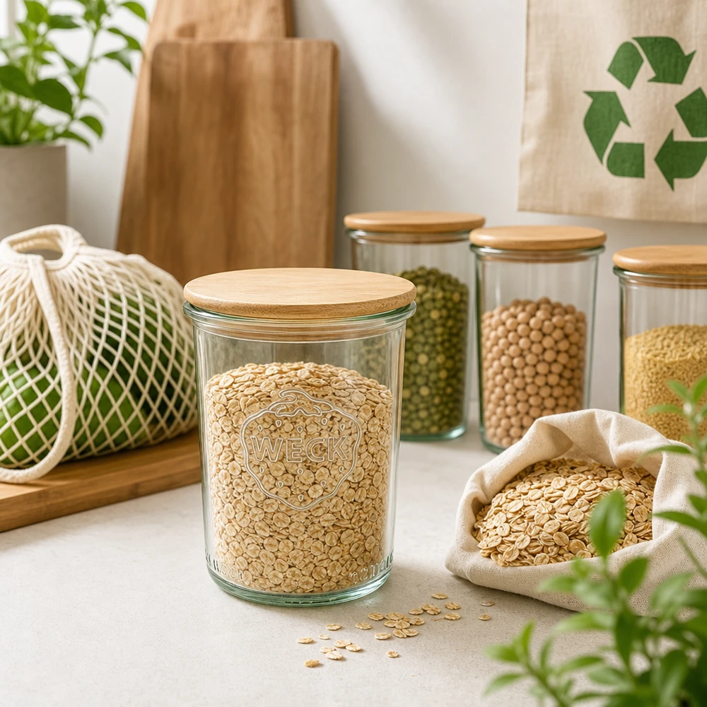 160ml kelímky WECK RR60 s dřevěným víčkem bukové barvy WECK Sturzglas 160ml RR60 Holzdeckel nachhaltige Vorratshaltung Haferflocken Hülsenfrüchte Zero Waste Küche