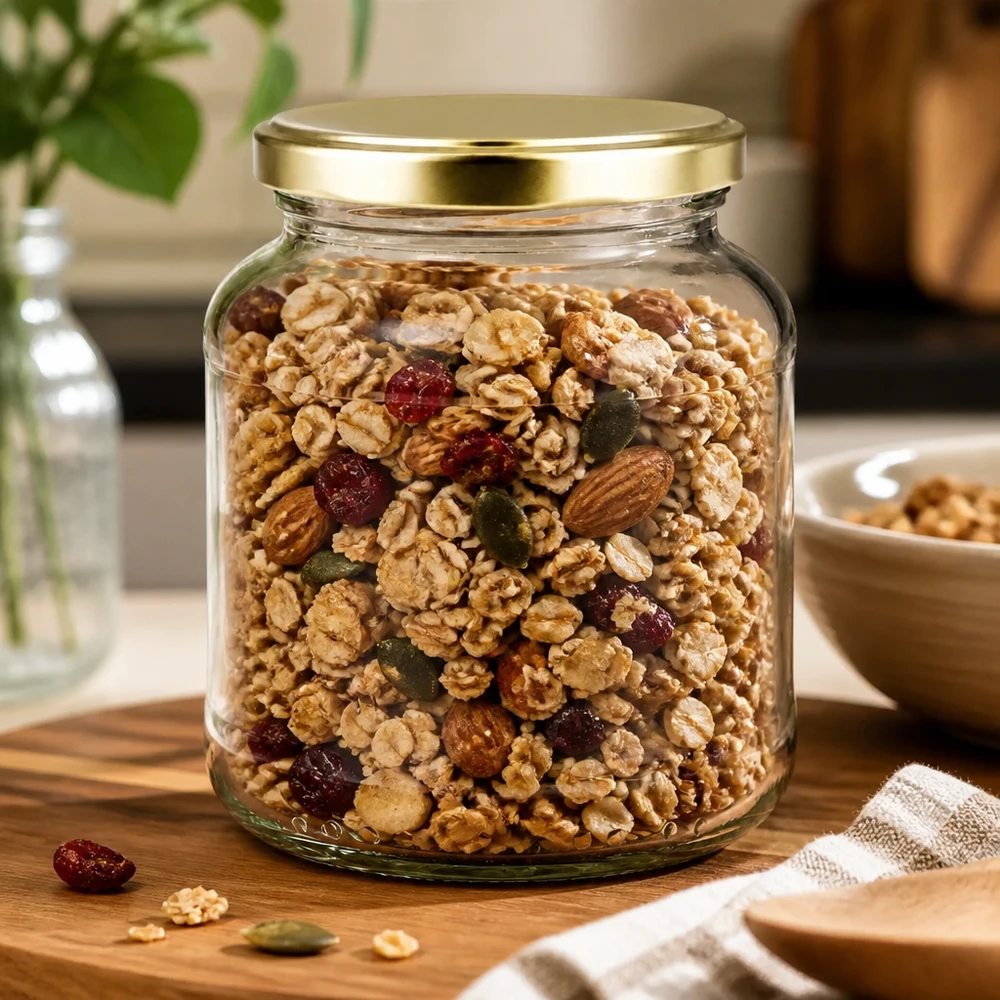 370ml oválná sklenice s víčkem BasicSeal zlatá UNiTWIST 370ml Ovalglas mit goldenem BasicSeal Deckel gefüllt mit Nuss-Trockenfrüchte-Mix - UNiTWIST Vorratsglas für Müsli