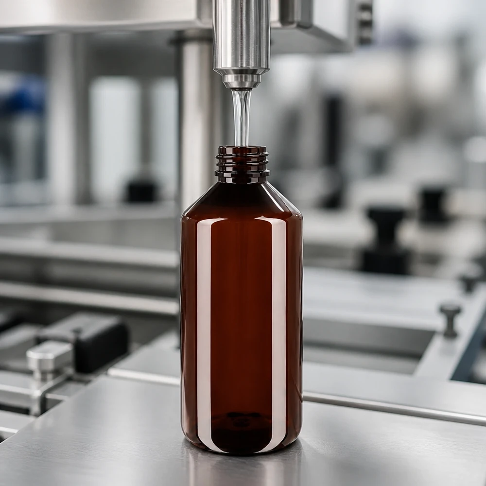 Plnicí linka plní jantarově zbarvené PET láhve o objemu 1000 ml s bílým rýhovaným uzávěrem
