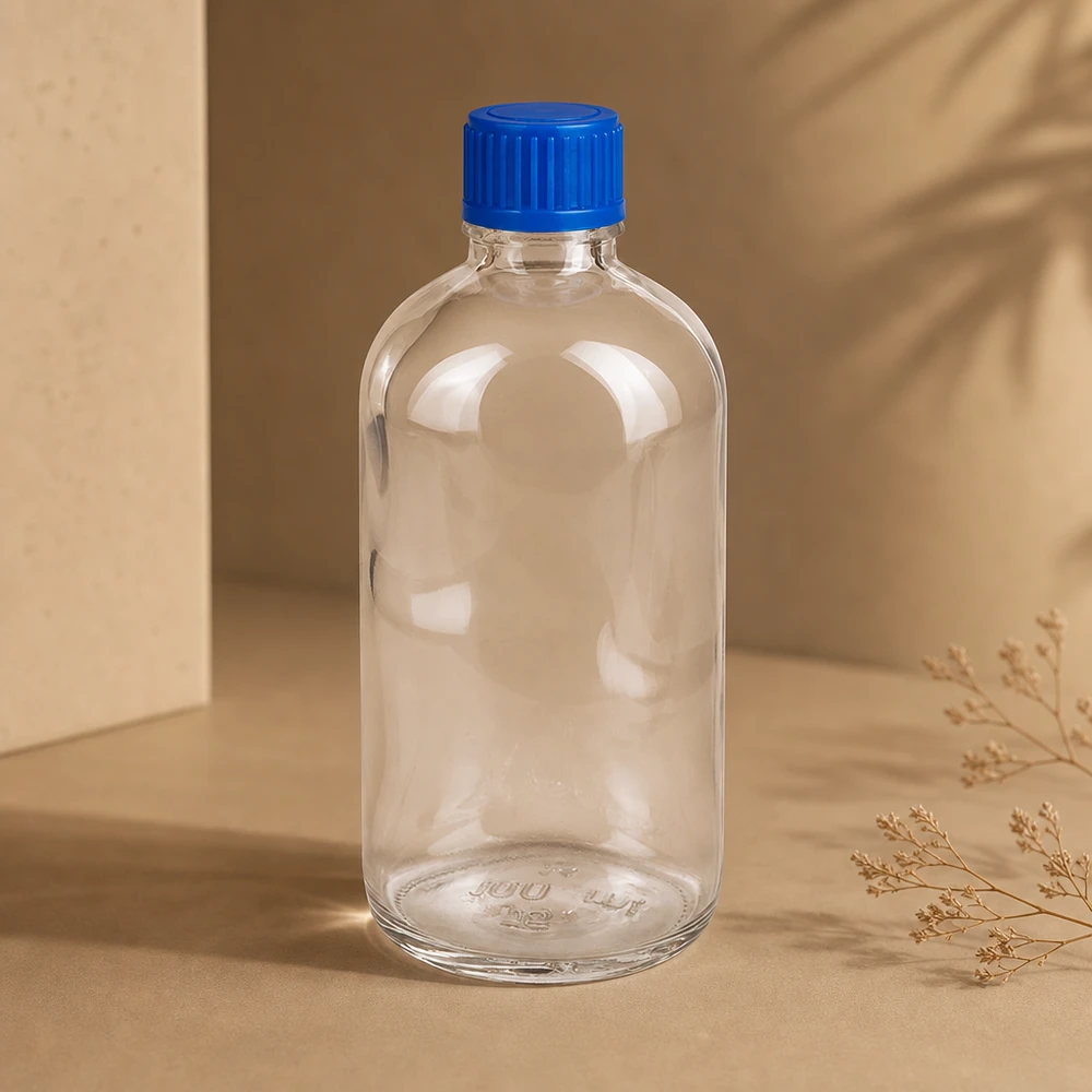 Miniaturflasche Klarglas 100ml stabiler Boden blauer Deckel ClearLine UT18 Serumflasche