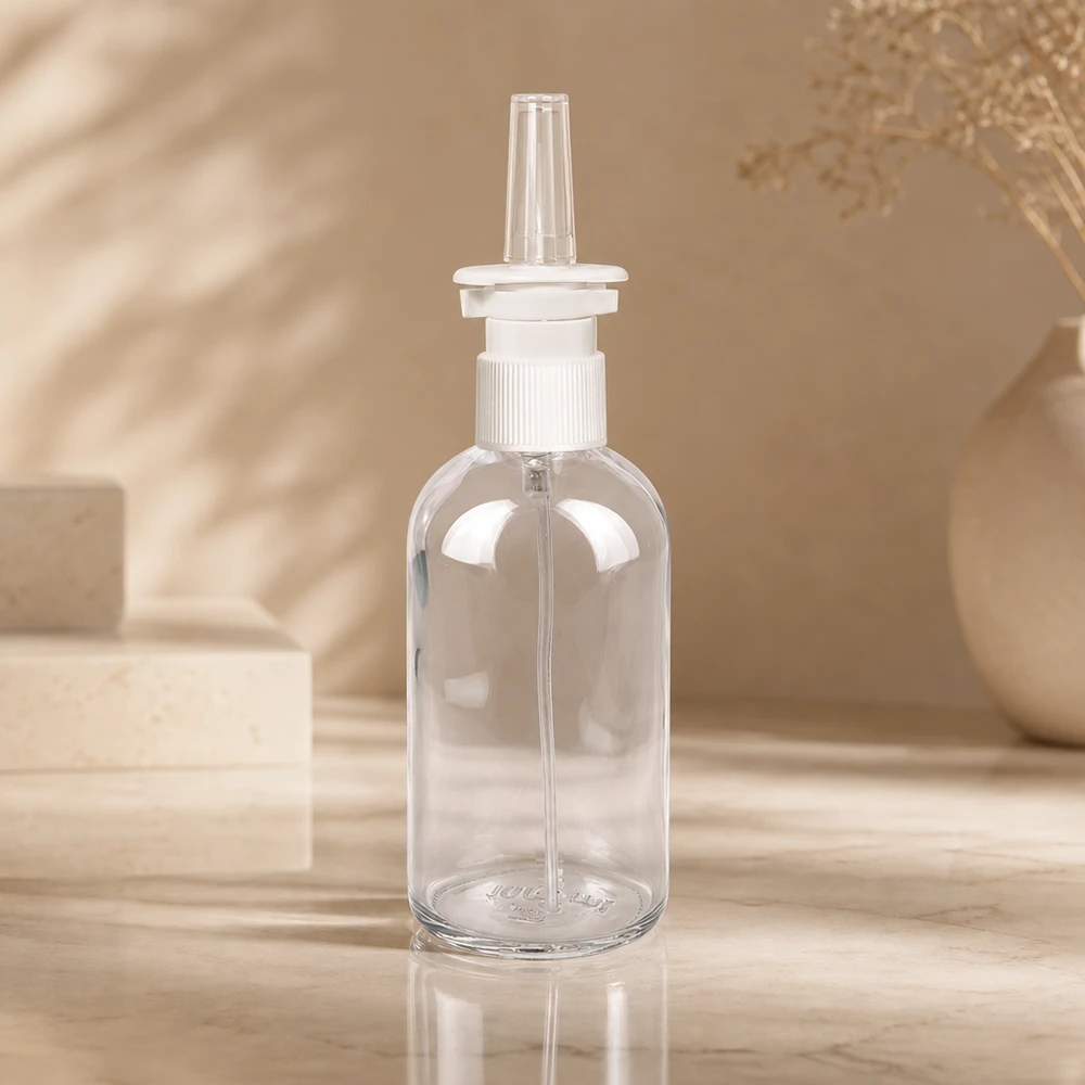 100ml lahvička na nosní sprej bílá/průhledný standardní uzávěr ClearLine UT18/100 100ml ClearLine Nasensprayflasche STD mit Tauchrohr und weißem Sprühaufsatz