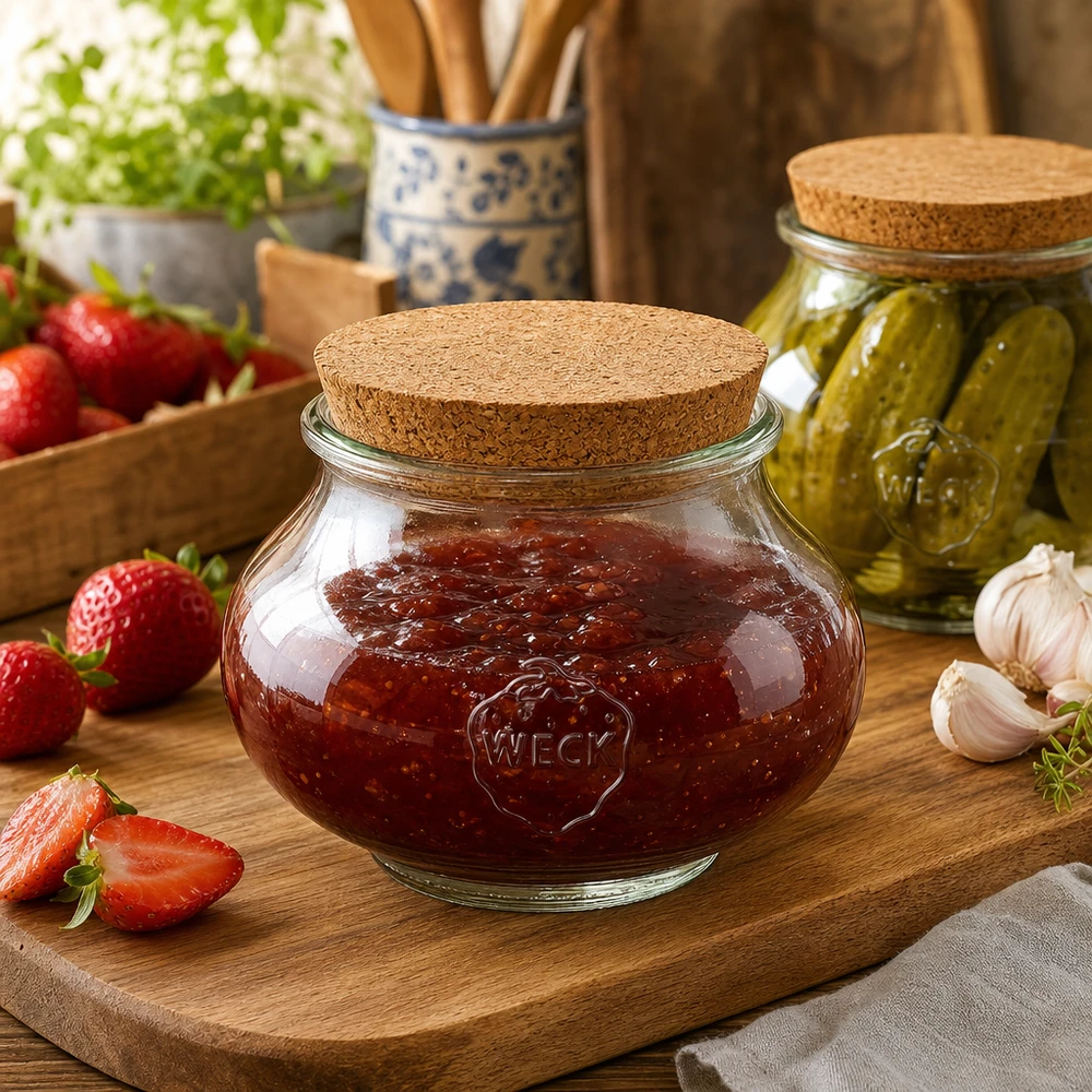 WECK Vorratsglas 560ml mit Korkdeckel in rustikaler Küche gefüllt mit Marmelade neben Erdbeeren und Gurken