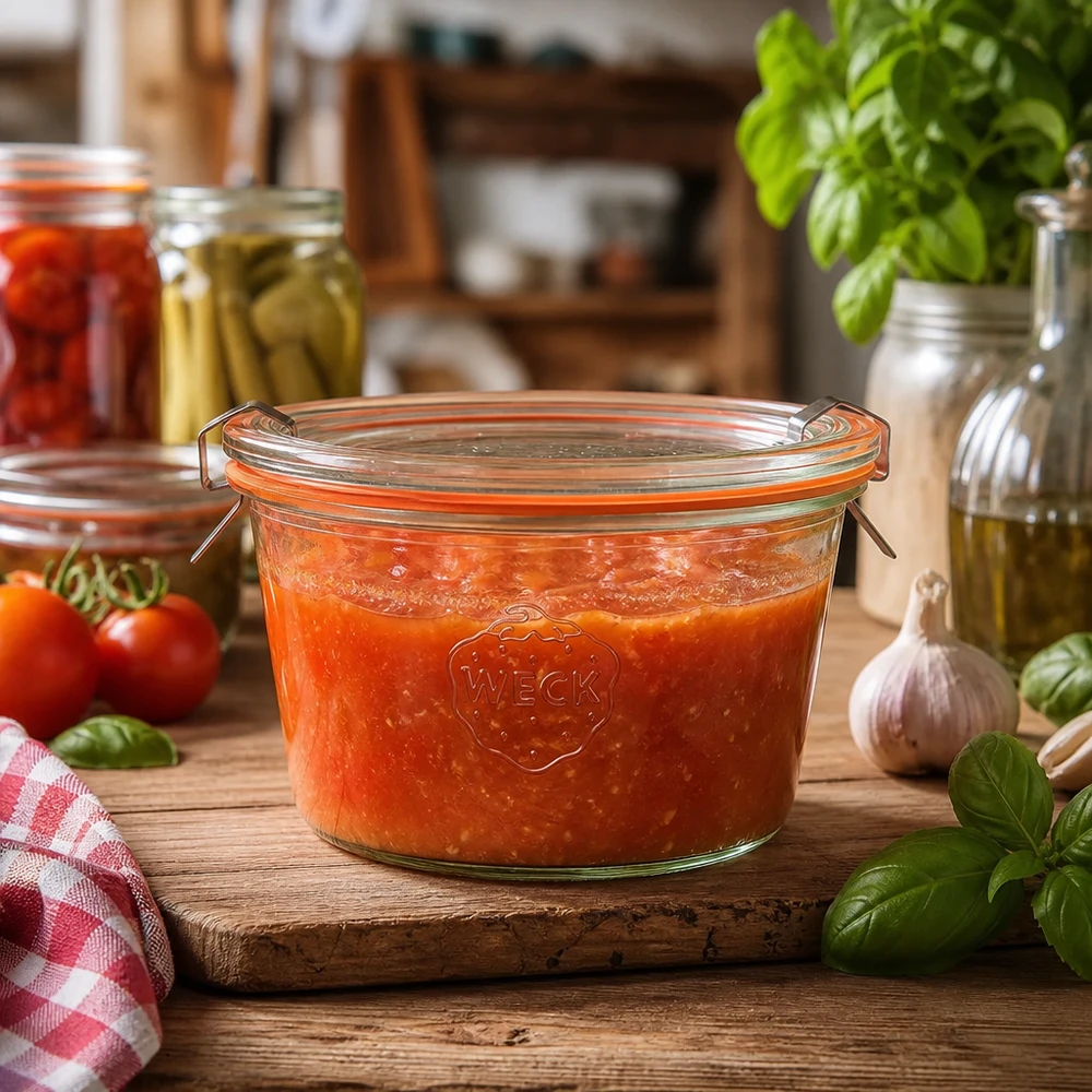 Kompletní 370ml sklenice se svěžestí WECK RR100 WECK RR100 Sturzglas 370ml in rustikaler Küche mit Tomatensauce gefüllt zeigt praktische Verwendung zum Einmachen