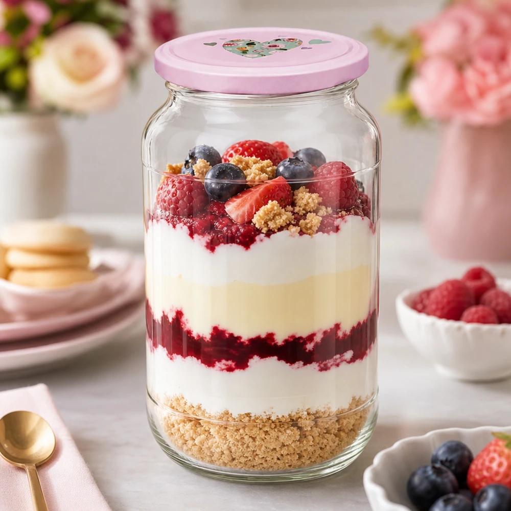 1062ml kulatá sklenice + víčko BasicSeal srdíčková růžová UNiTWIST 1062ml Rundglas BasicSeal rosa Herzdeckel mit Schichtdessert Beeren Joghurt als stylisches Dessertglas auf Tisch