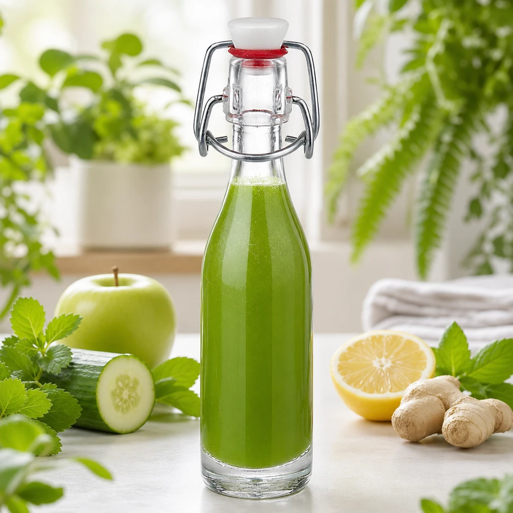 Skleněná láhev o objemu 50 ml + výkyvný vršek z PVC UNiTWIST. 50ml Glasflasche UNiTWIST mit grünem Smoothie gefüllt neben Gurke Apfel Ingwer und Zitrone als gesunde Getränkeoption