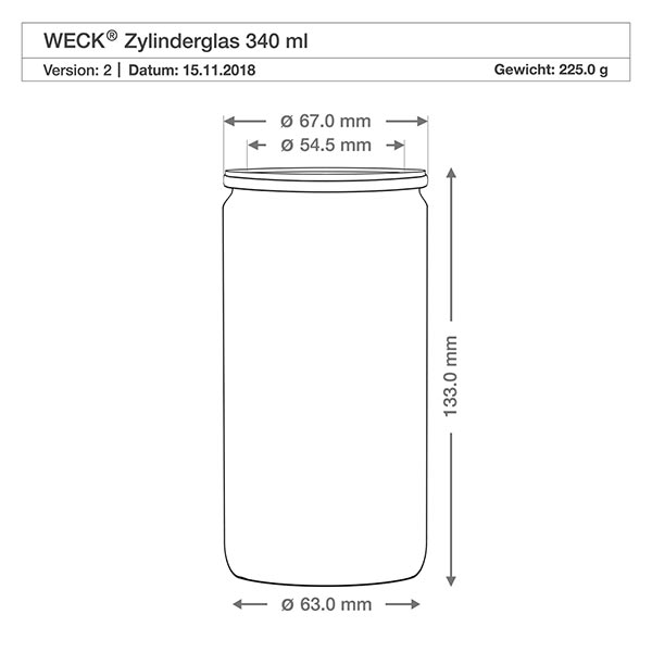 Sada 48 zavařovacích sklenic Weck 340ml válcových sklenic se skleněným víčkem. Technische Zeichnung WECK Zylinderglas 340ml mit Maßangaben Höhe 133mm Durchmesser 63mm Gewicht 225g RR60