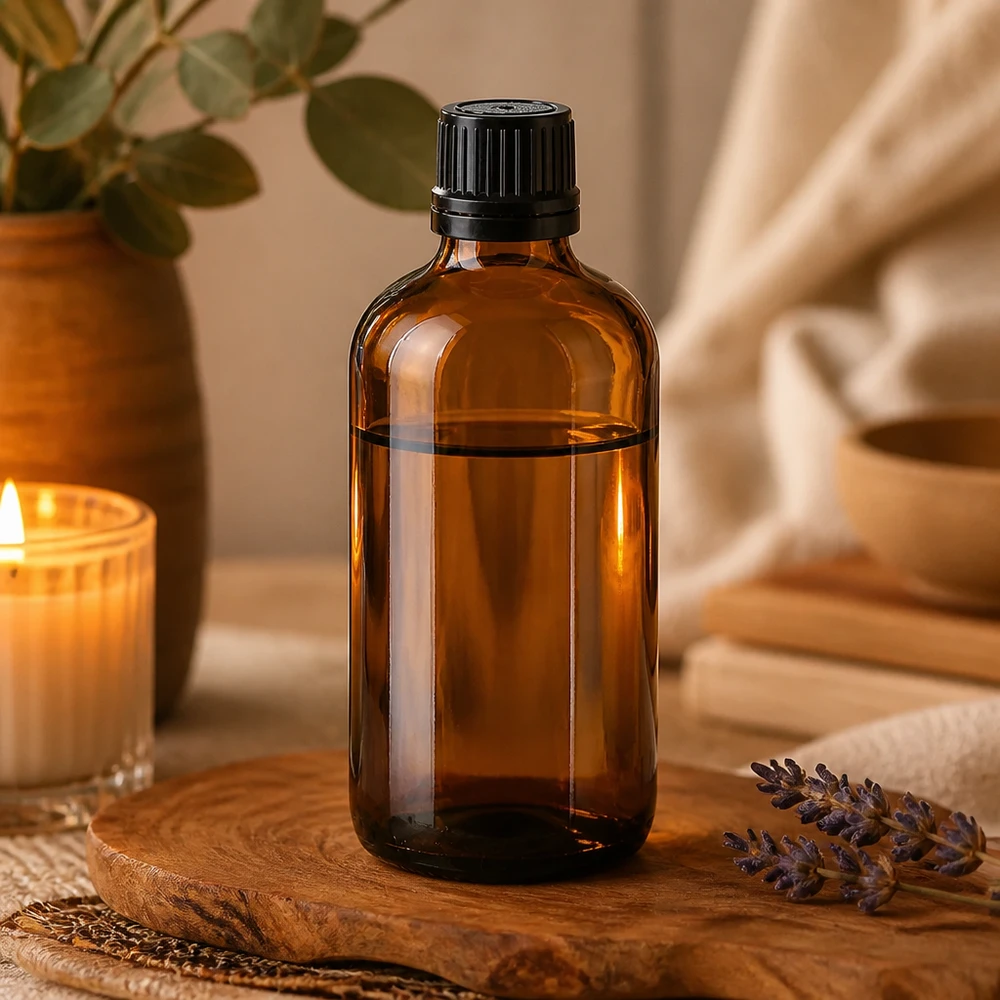 Lékárenská láhev hnědá 100ml šroubovací uzávěr černý nalévací kroužek nedovolená manipulace s uzávěrem. Hochwertige braune Glasflasche 100ml mit schwarzem Originalverschluss für Aromatherapie