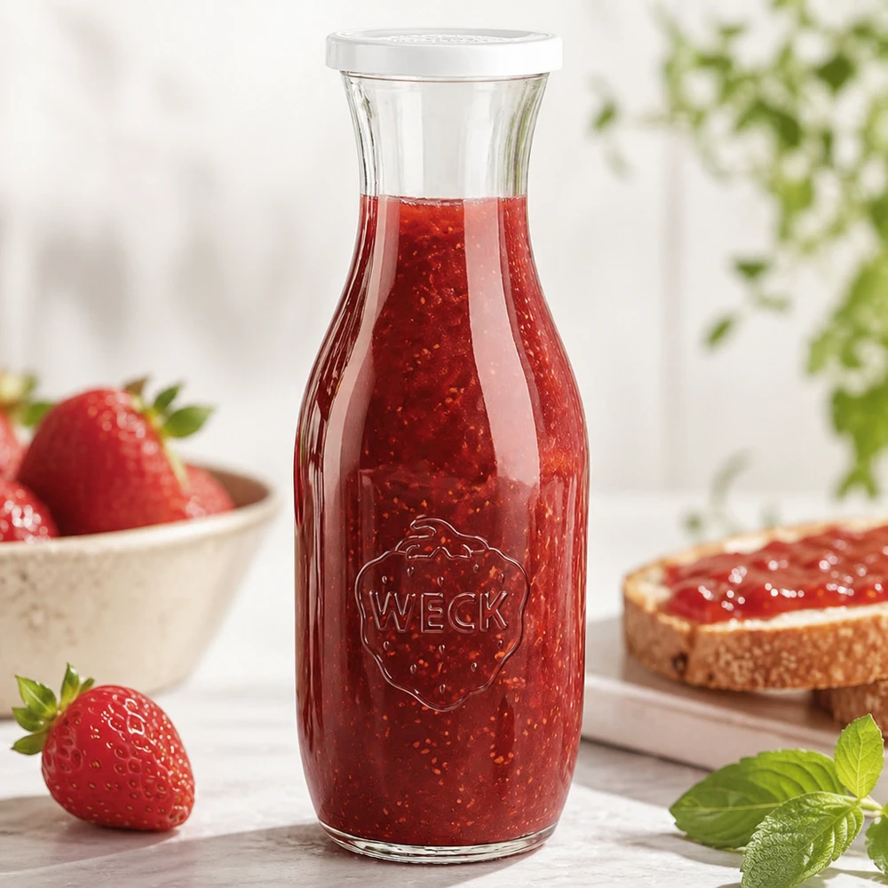 1062ml láhev na šťávu s víčkem WECK RR60 pro zajištění čerstvosti. WECK Glasflasche 1062ml mit Erdbeermarmelade gefüllt neben frischen Erdbeeren und Brot mit Aufstrich