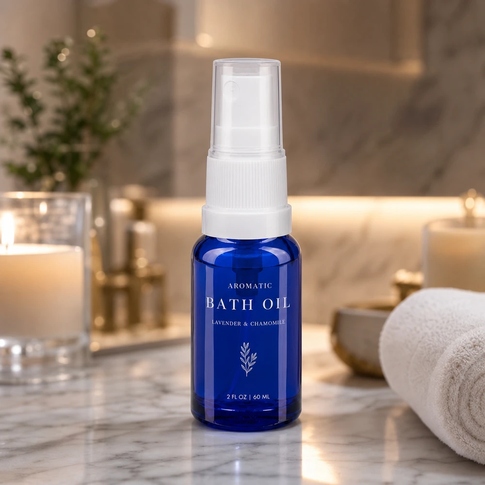 Lékárenská lahvička modrá 10ml s rozprašovacím víčkem bílá Hochwertige 10ml Pumpflasche aus blauem Glas mit weißem Zerstäuberkopf für Kosmetik