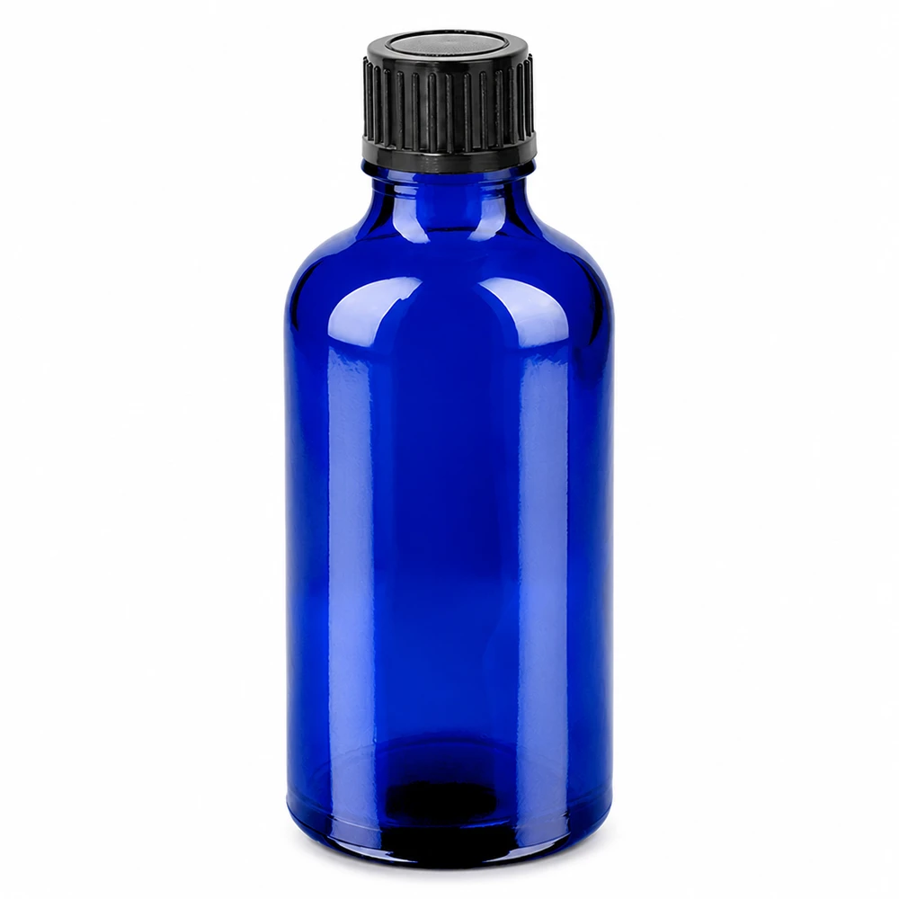 50ml láhev 11mm šroubovací uzávěr černý standard BlueLine UT18/50 Kompakte 50ml Flasche in Apothekerblau aus Glas mit schwarzem 11mm Verschluss