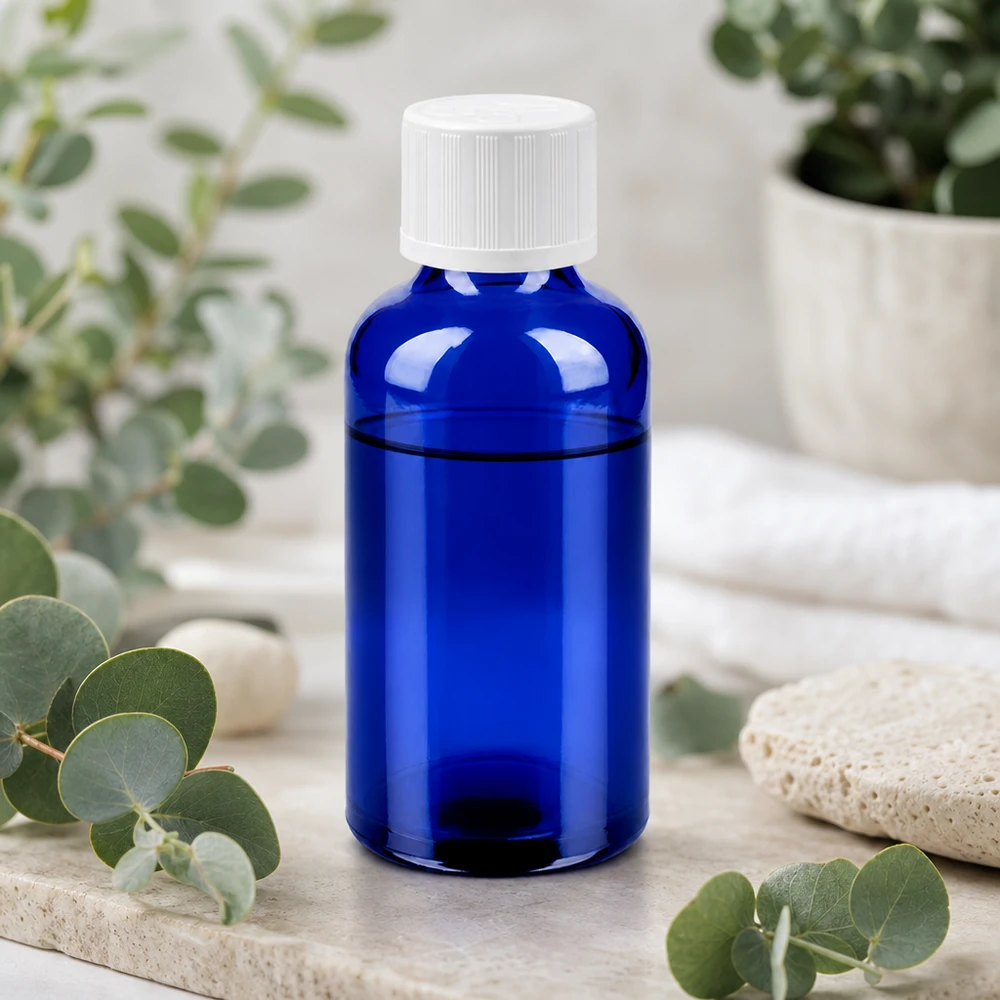 50ml láhev 11mm šroubovací uzávěr bílý standardní odolný proti otevření dětmi BlueLine UT18/50 Medizinische 50ml Flasche UT18/50 mit Sicherheitsverschluss für pharmazeutische Präparate