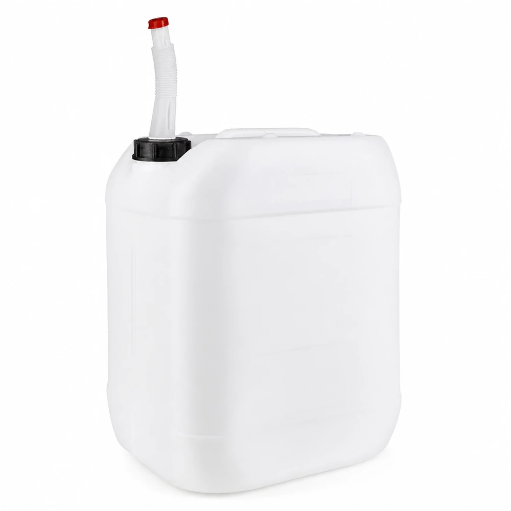 Kanystr o objemu 20 litrů s výpustnou trubkou Flex Tragbarer 20 Liter Wasserkanister weiß mit flexiblem Auslaufrohr zum Befüllen