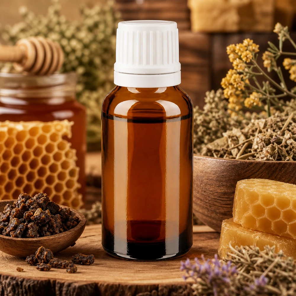 Lékárenská lahvička hnědá 20ml šroubovací uzávěr bílý uzávěr proti manipulaci. Apothekerflasche 20ml Braunglas mit weißem Sicherheitsdeckel für Bienenharz und Naturextrakte