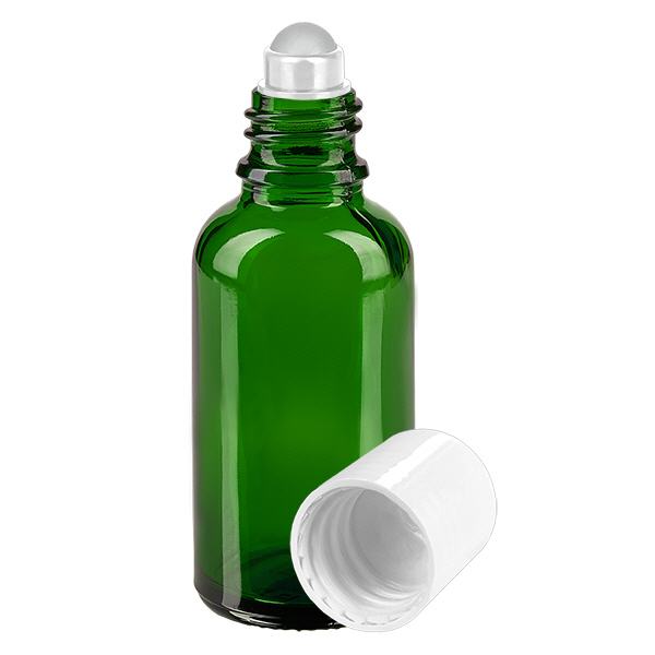 Lékárenská lahvička zelená 30ml roll-on s uzávěrem bílá Lékárenská lahvička zelená 30ml roll-on s uzávěrem bílá