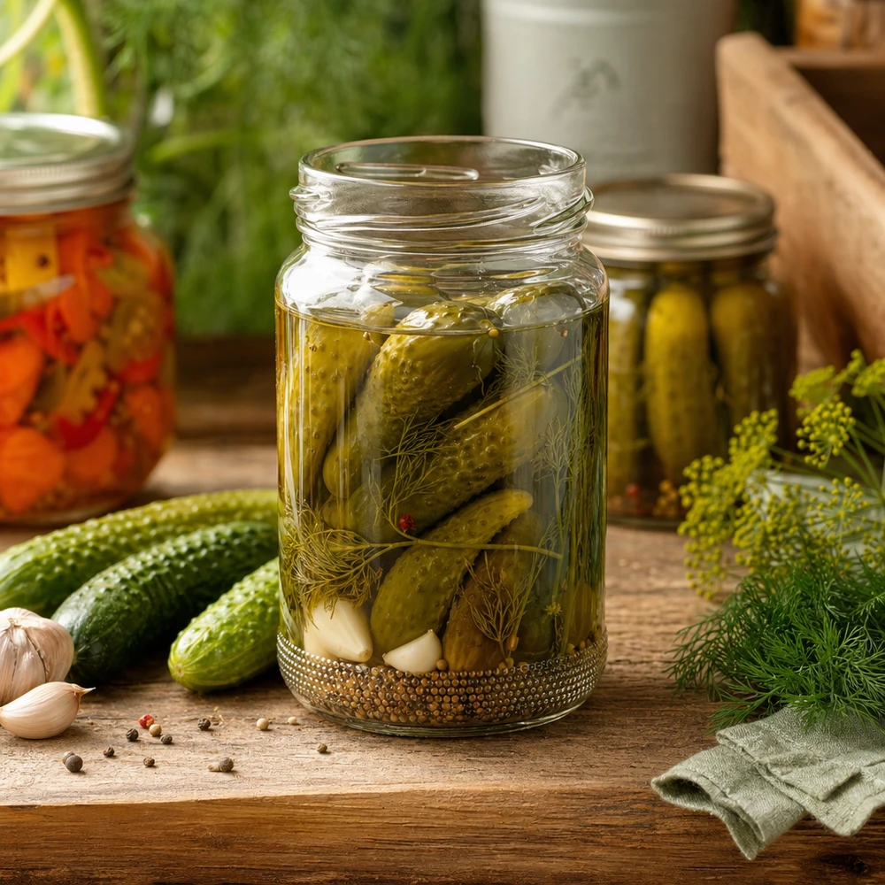 Kulatá sklenice o objemu 110 ml bez víčka (TO48) UNiTWIST Eingelegte Gurken im UNiTWIST Runda110 Rundglas 110ml TO48 mit Dill und Gewürzen auf Holztisch