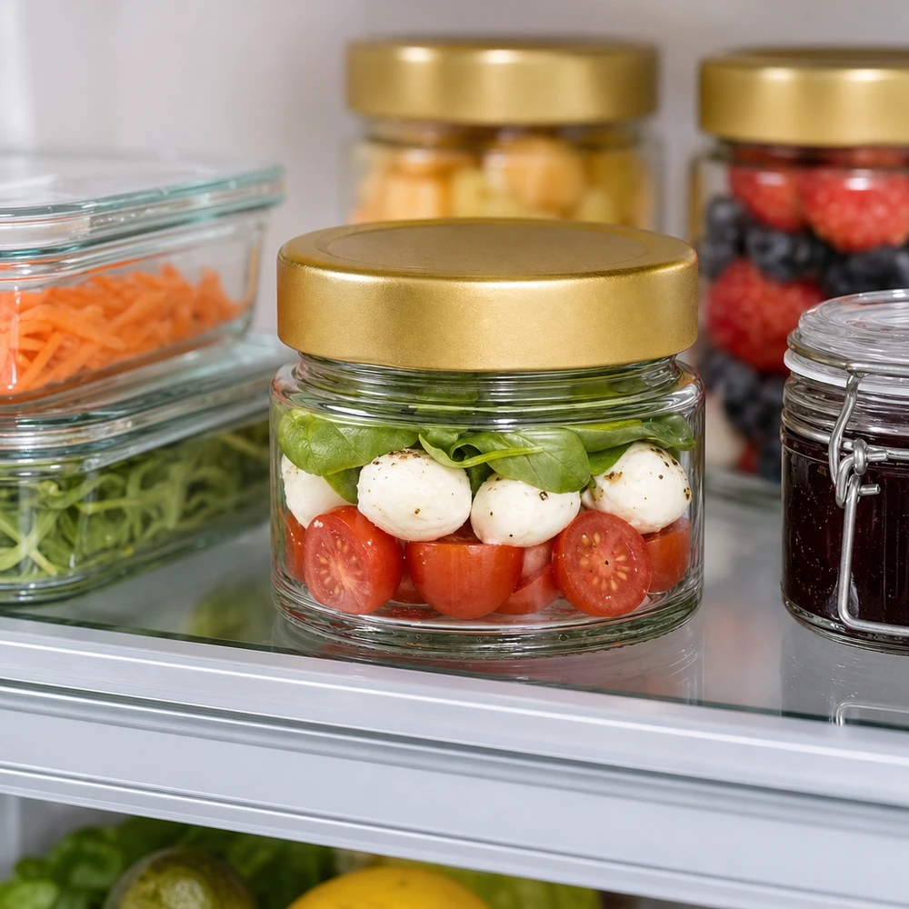 80ml kulatá sklenice s víčkem BasicSeal zlaté hluboké UNiTWIST. Caprese-Salat im 80ml Rundglas mit goldenem Deckel im Kühlschrank - praktische Aufbewahrung für Meal Prep