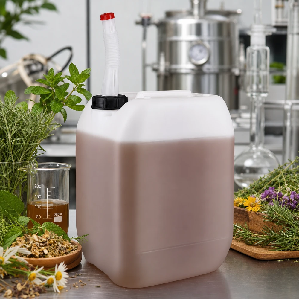 Kanystr o objemu 10 litrů s výpustnou trubkou Flex Stabiler Kanister 10 Liter mit flexiblem Auslaufrohr für präzise Dosierung ätherischer Öle