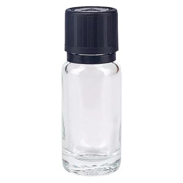 Lékárenská lahvička čirá 10ml kapátko víčko Nalévací kroužek 1mm černý Dětem odolná atrapa výstražného symbolu Uzávěr odolný proti manipulaci.