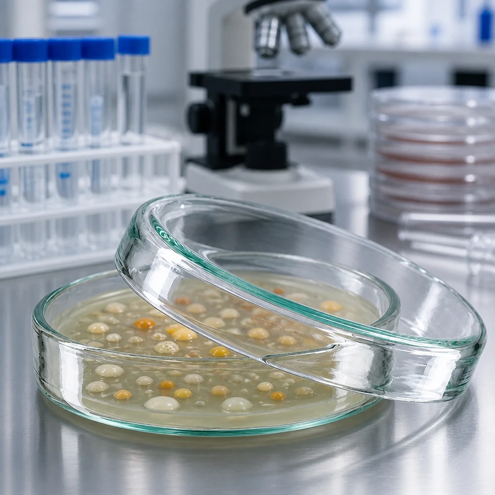 Petriho miska o průměru 60 mm z čirého laboratorního skla pro kultivaci mikroorganismů a buněčných kultur. Výška 15 mm Transparente Glaspetrischale 60x15 mm mit bewachsenem Nährboden Mikrobiologie