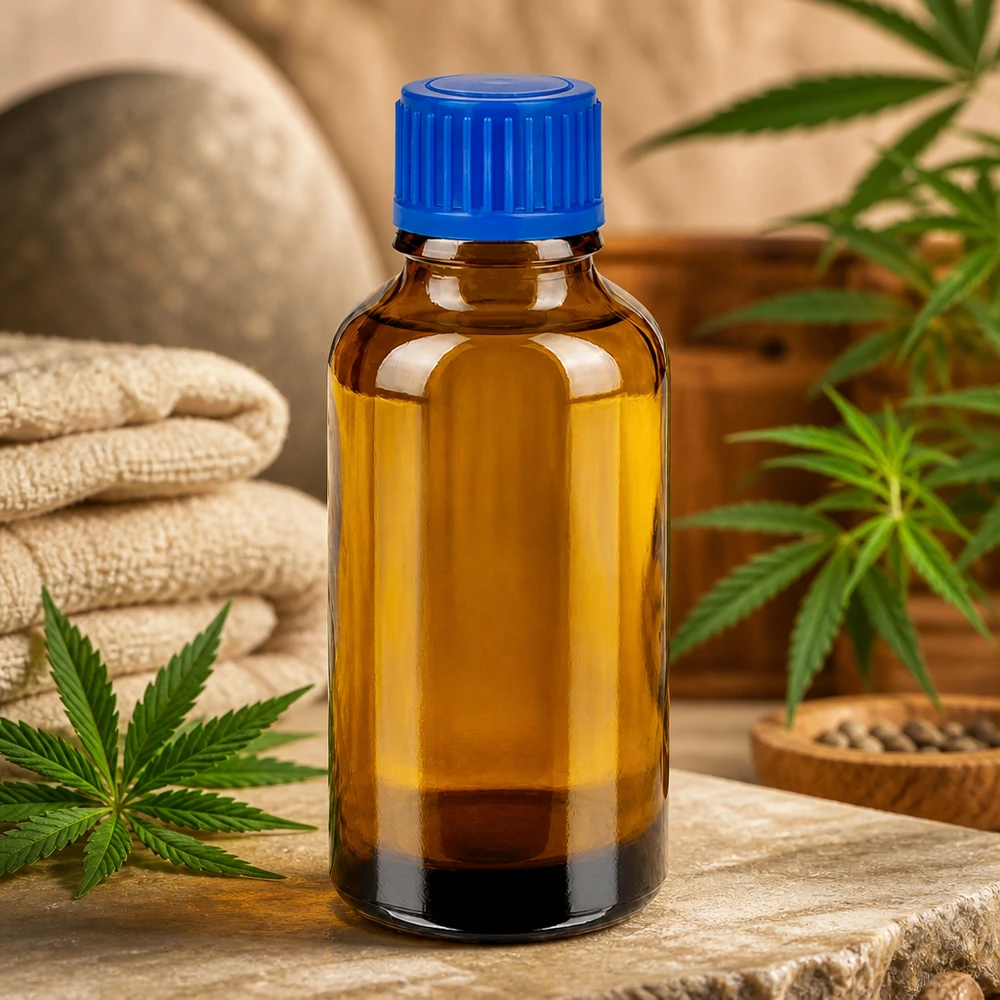 Praktische 30ml Tropfflasche aus braunem Schutzglas mit blauem Verschlusssystem für Tinkturen