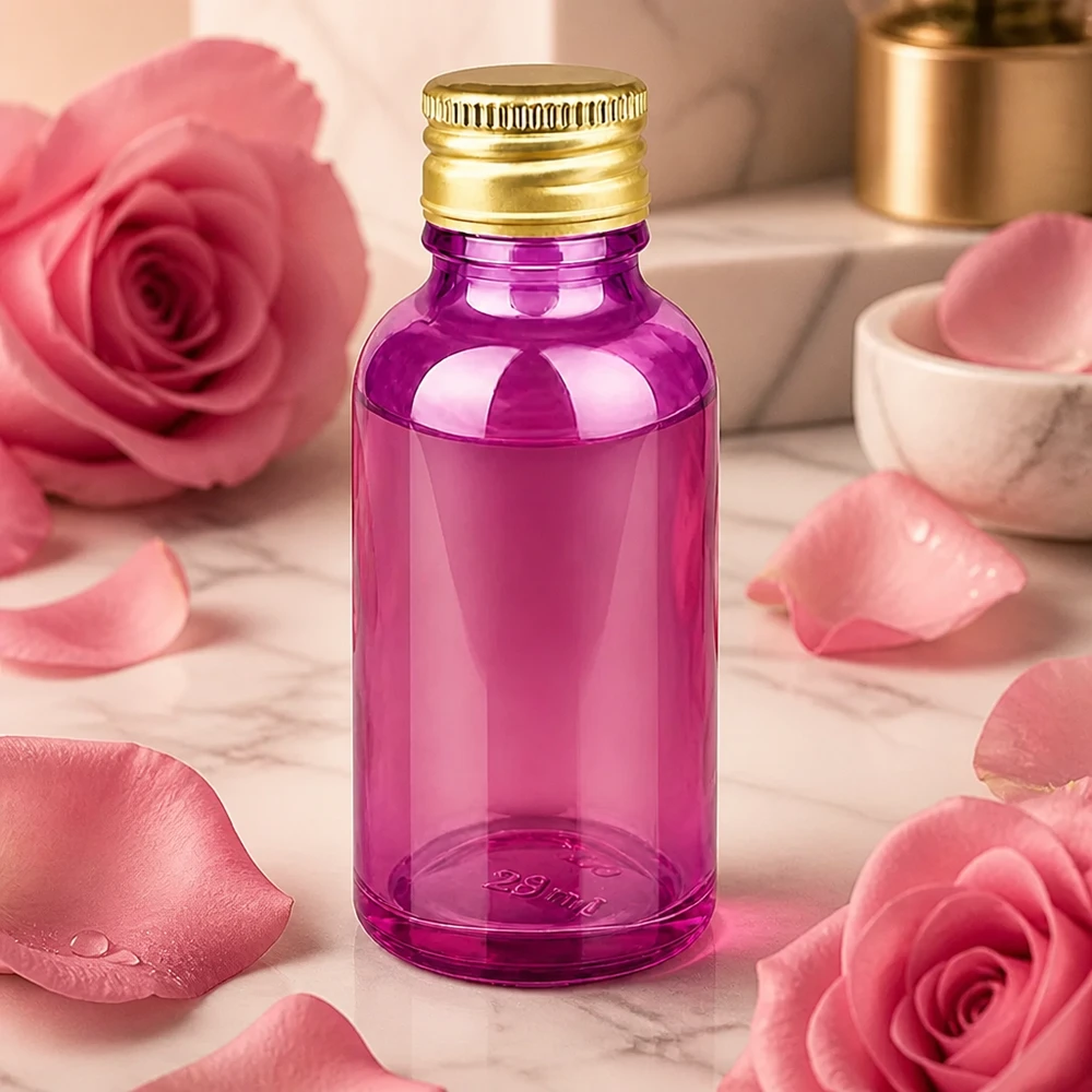 30ml lahvička PurpleLine s 11mm hliníkovým šroubovacím uzávěrem zlaté standardní barvy. UT18/30 Kompakte 30ml Flasche in Purple-Optik mit glänzendem Gold-Verschluss für DIY-Kosmetik
