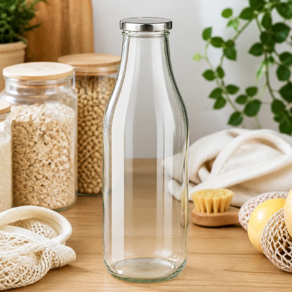 1000ml Glasflasche BasicSeal silber auf Holztisch mit nachhaltigen Küchenaccessoires und Pflanzen Zero Waste Lifestyle