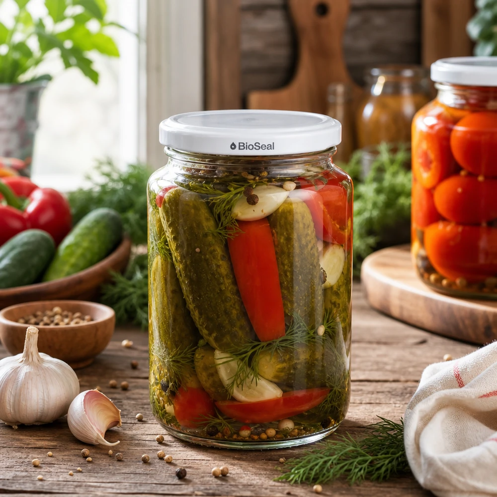 UNiTWIST Runda382 s bílým víčkem TO66 BioSeal UNiTWIST Runda382 Einmachglas in rustikaler Küchenszene - Mixed Pickles mit Dill und Paprika in BioSeal Glas