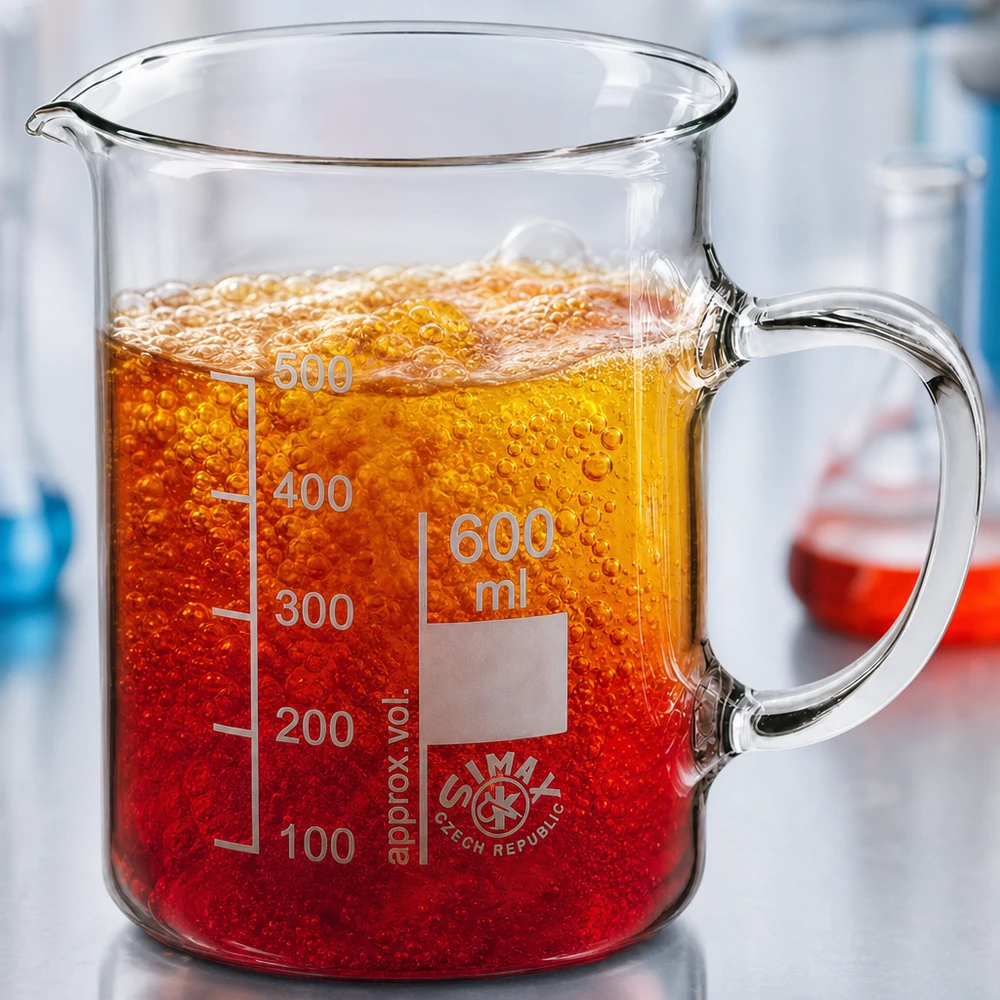 Kádinka z borosilikátového skla 600 ml, s rukojetí Graduiertes 600ml Laborglas mit Henkel und lebhaft reagierendem rotem Inhalt