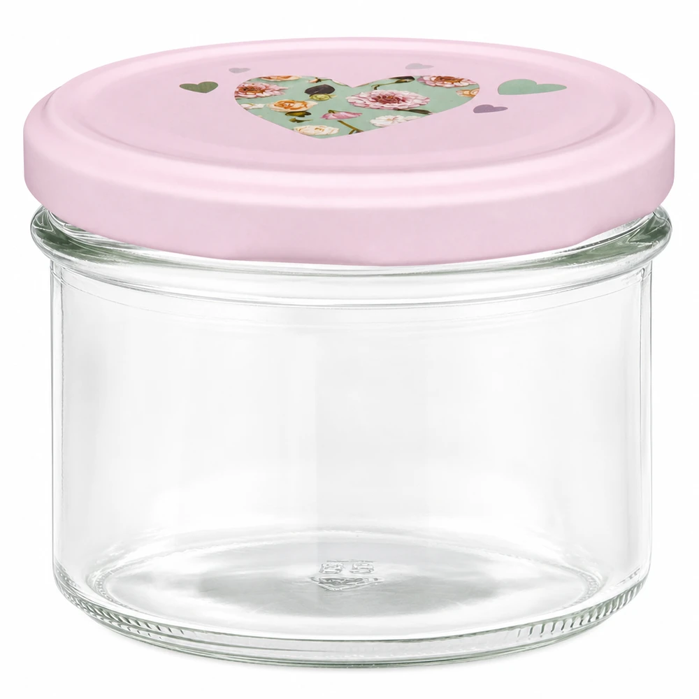 225ml Sturzglas mit rosa BasicSeal Deckel und Herzmotiv für Marmelade und Einmachgläser