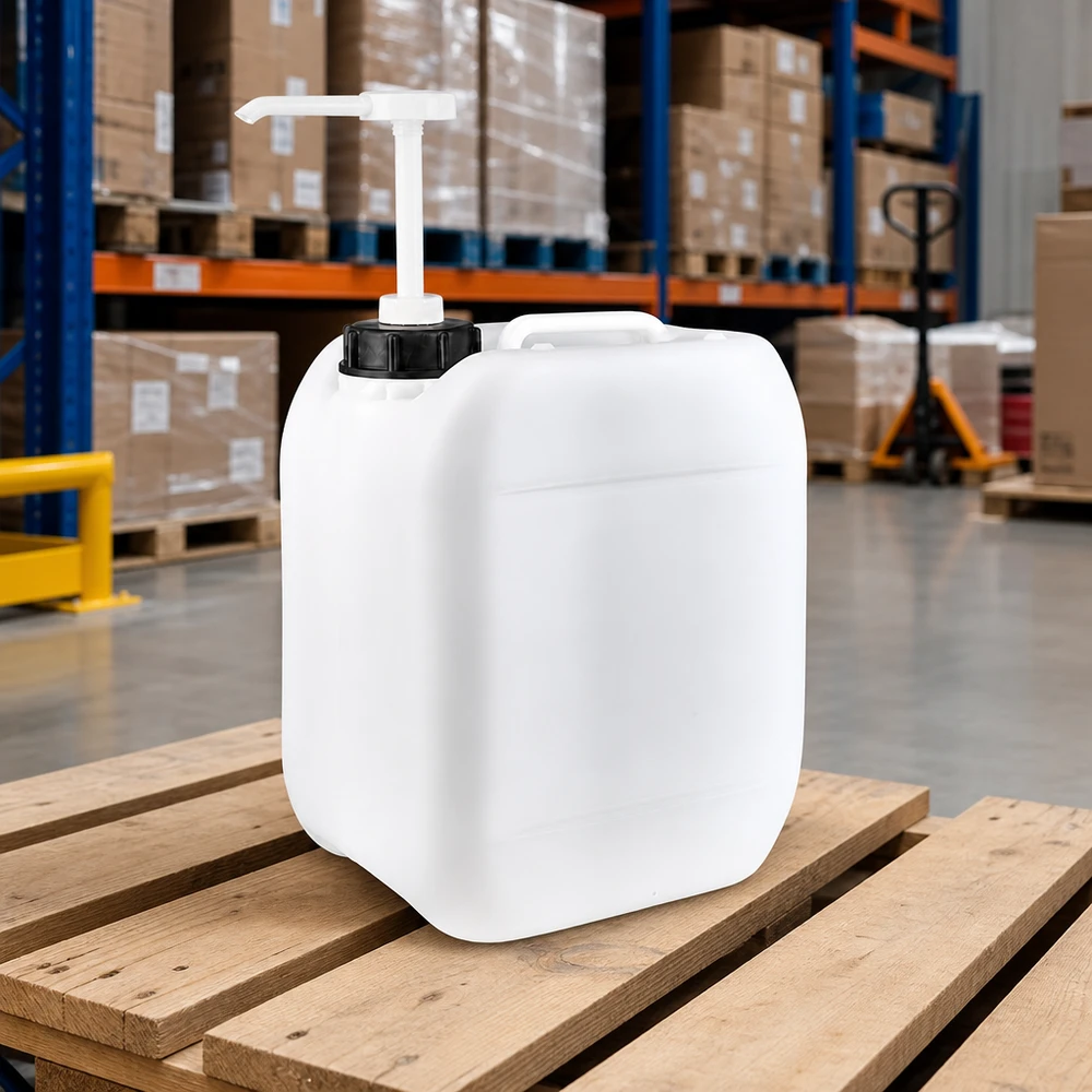 5 Liter Industriekanister mit Pumpenaufsatz auf Lagerpalette für gewerbliche Großmengenabfüllung