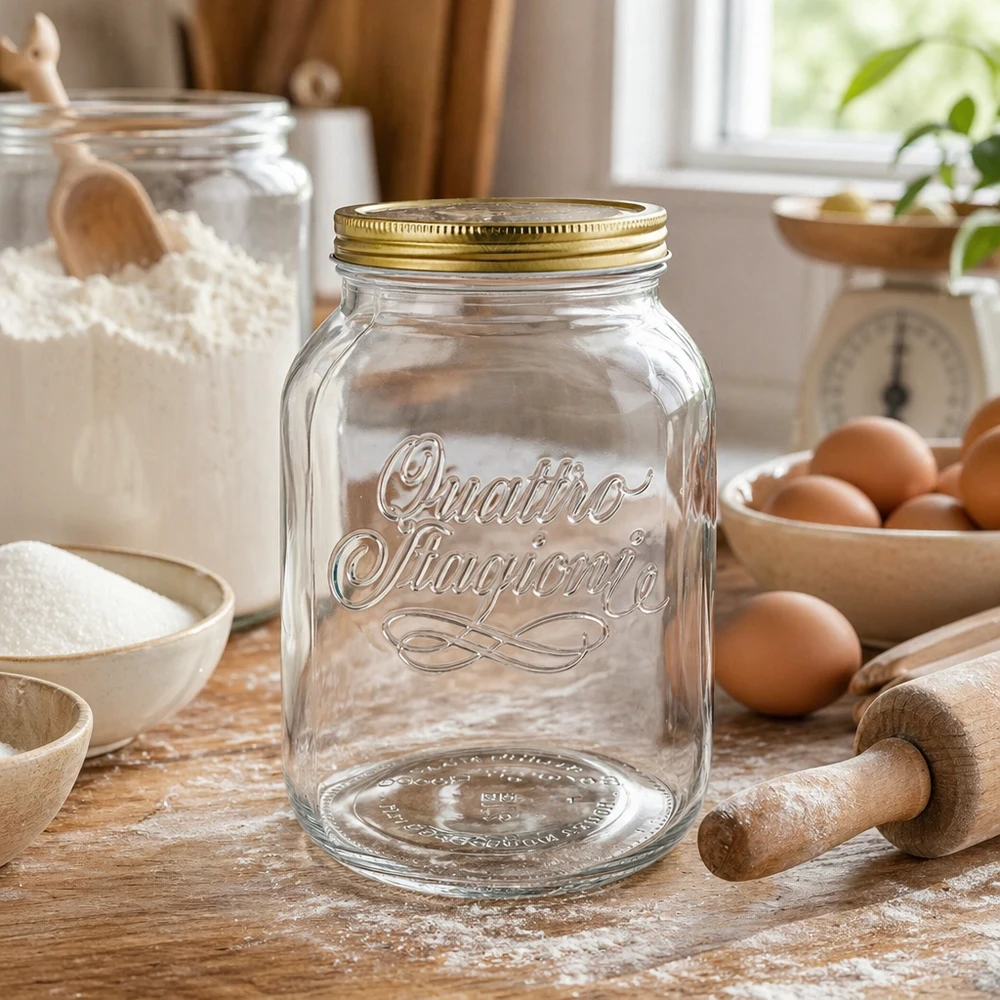 3000ml kulatá dóza "Quattro Stagioni" s víčkem Quattro Stagioni 3000ml Glasdose in Küche mit Backzutaten Mehl Eiern und Nudelholz für Vorratshaltung