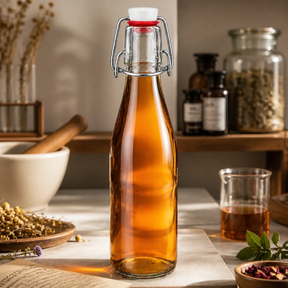 250ml skleněná láhev + otočný vršek z porcelánu UNiTWIST 250ml Glasflasche mit Bügelverschluss gefüllt mit bernsteinfarbener Flüssigkeit in rustikaler Küche mit Gewürzen