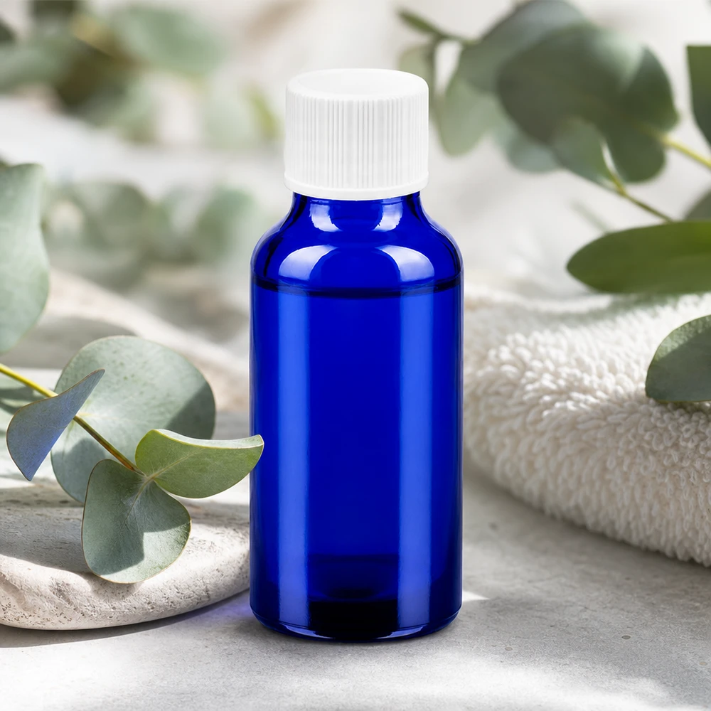 20ml láhev 11mm šroubovací uzávěr bílý standard BlueLine UT18/20 Vielseitige 20ml Glasflasche in Apothekerqualität blau für Mischungen und Konzentrate