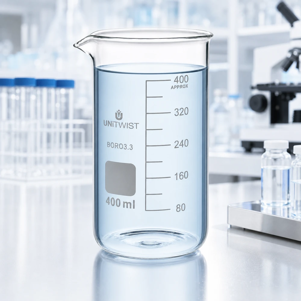 Kádinka 400 ml borosilikátová, vysoká forma UNiTWIST Hochformbecherglas 400ml UNITWIST BORO 3.3 mit grauem Etikettierfeld und präziser Volumenskala