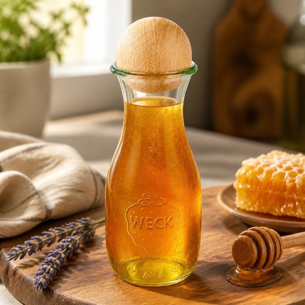 530ml láhev na džus WECK RR60 s dřevěnou kuličkou buk 530ml WECK Glasflasche mit Honig befüllt und Buchenholzkugel auf Holzbrett mit Honigwabe und Lavendel dekoriert