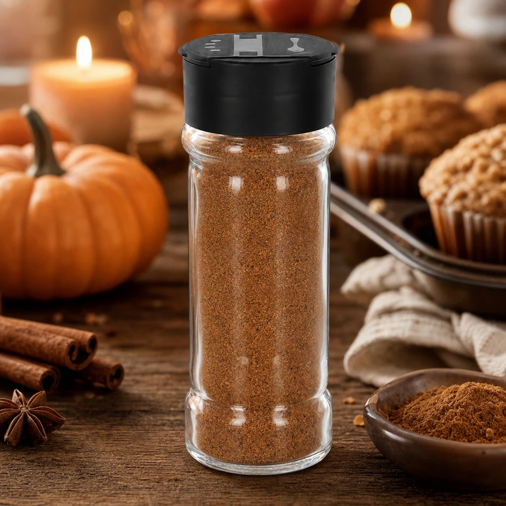 Dóza na sůl/koření 100ml s dvojitým šejkrem černá Transparentes Gewürzglas 100ml mit schwarzem Streuerdeckel neben frisch gebackenen Muffins