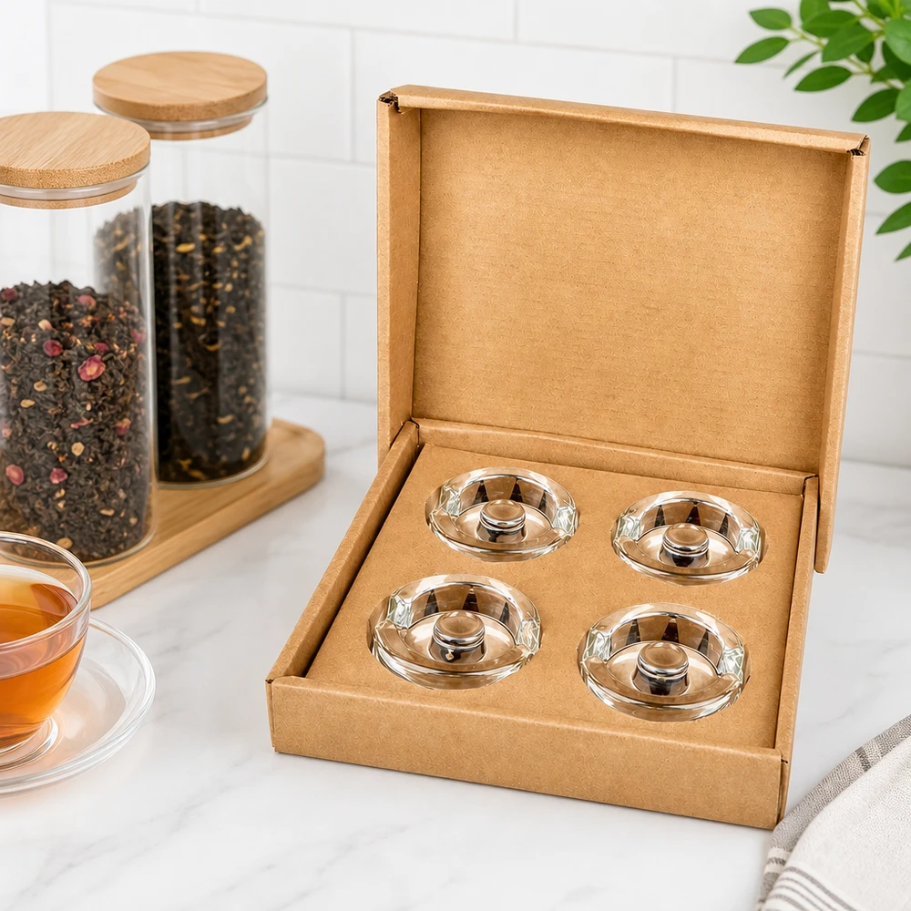 Zátěže na fermentační sklenice s rukojetí, sada 4 kusů UNiTWIST UNiTWIST Fermentier-Glasgewichte 4er Set in Kartonbox neben Teegläsern und Gewürzbehältern aus Glas mit Holzdeckel